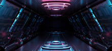 Blue And Pink Spaceship Interior With Projector. Futuristic Corridor In Space Station With Glowing Neon Lights Background. 3d Rendering