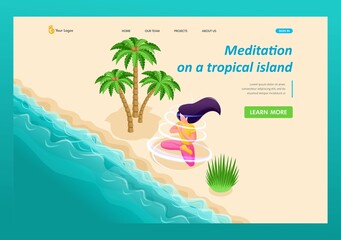Poster - 3d isometry, an island in the sea with palm trees, a beautiful girl alone in nature, doing morning m