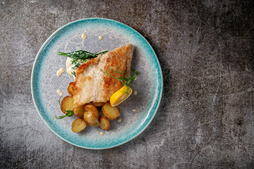 Sticker - Serving a dish from a restaurant menu. Baked Trout steak with lemon, salad and dill and parsley greens on a plate against a gray stone table