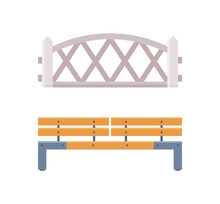 Wooden Fence And Bench Seat As City Park Element Vector Set