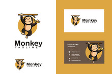 Fun Playful Swing Monkey Holding Banana Logo Vector Icon Mascot Cartoon And Business Card Template