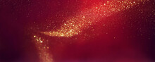 Background Of Abstract Red, Gold And Black Glitter Lights. Defocused