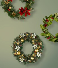 Poster - Round homemade wreath frames made of fir needles and branches on the wall. Christmas and New Year celebration decorations.