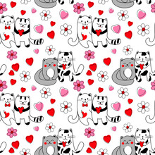 Background With Funny Cats, Flowers, Hearts. Romantic Cartoon Wallpaper. Seamless Pattern Can Be Used For Wallpapers, Pattern Fills, Backgrounds, Surface Textures.