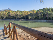 Wooden Walkway Next To Lake And With Copy Space