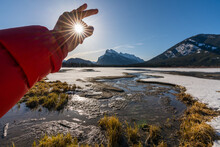 Catching Sun Winter Sunrise Over Frozen Vermilion Lakes In Banff National
