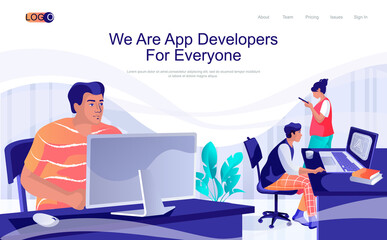 Poster - app developers concept isometric landing page. people develop software, optimization and programming