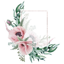 Pink Flower Poppy And Eucalyptus Frame, Watercolor Rectangle Pink Foil Angle, Wildflower Border Isolated On White, Floral Hand Painted Spring Illustration, Summer Frame With Pink Poppy And Eucalyptus
