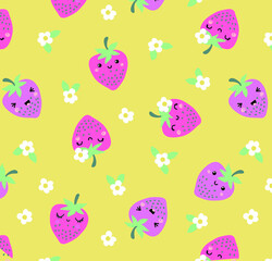 Wall Mural - Cute berries and flowers seamless pattern vector illustration for kids. Strawberry and flower print pattern design with yellow background. background. Can be used for fashion print design, kids wear.