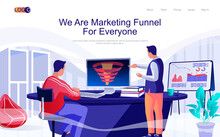 Marketing Funnel Concept Isometric Landing Page. People Analyze Data, Develop Lead Generation Strategy, Buyers Make Purchases, 3d Web Banner. Vector Illustration In Flat Design For Website Template