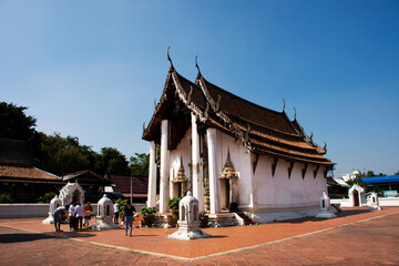 Ancient antique ubosot church building of Wat Prasat temple for thai people and foreign travelers travel visit and respect praying Buddha god deity angel on November 28, 2021 in Nonthaburi, Thailand