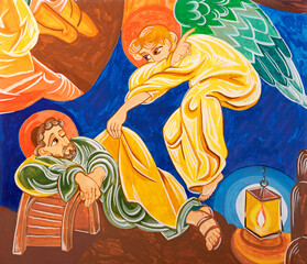 Wall Mural - FORLÍ, ITALY - NOVEMBER 11, 2021:  The modern fresco Flight to Egypt in the church Chiesa di San Giuseppe Artigiano by Franco Vignazia (2019).