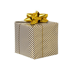 Wall Mural - Wrapped in festive paper gift box with golden paper ribbon bow isolated