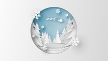 Winter Landscape In Christmas With Santa Claus Flying On The Sky. Scenery Of Winter. Winter Landscape. Merry Christmas. Paper Cut And Craft Style. Vector, Illustration.
