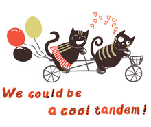 Fat Cats In Love Ride A Bicycle, With Balloons, Valentine's Day, Lettering We Could Be A Cool Tandem