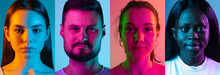 Collage Of Four People, Men And Women Looking At Camera And Posing Isolated Over Multicolored Background In Neon Lights