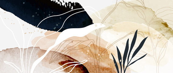 abstract art background vector. minimal style wallpaper with floral line art and watercolor backgrou