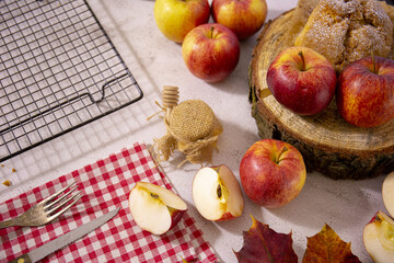 Wall Mural - Top view of apples and honey on the table