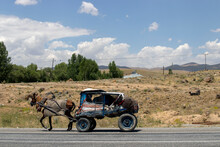 Carriage On The Highway. The Horse Is Riding.