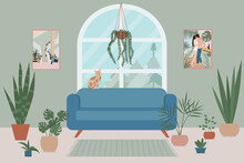 Cozy Living Room Interior With Sofa, Large Window, Cat And Plants Growing In Pots. Flat Style Vector Illustration.