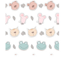 Vector Seamless Childish Pattern With A сute Baby Dog, Cat, Mouse, Frog On A White Background.