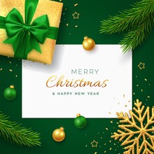 Christmas Green Background With Square Paper Banner, Realistic Gift Box With Green Bow, Pine Branches, Gold Stars And Glitter Snowflake, Balls Bauble. Xmas Background, Greeting Cards. Vector.