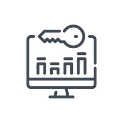 Fototapete - Keyword analytics line icon. Computer with chart report and key vector outline sign.