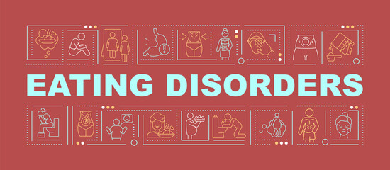 Poster - eating disorders word concepts red banner. anorexia nervosa. infographics with linear icons on backg