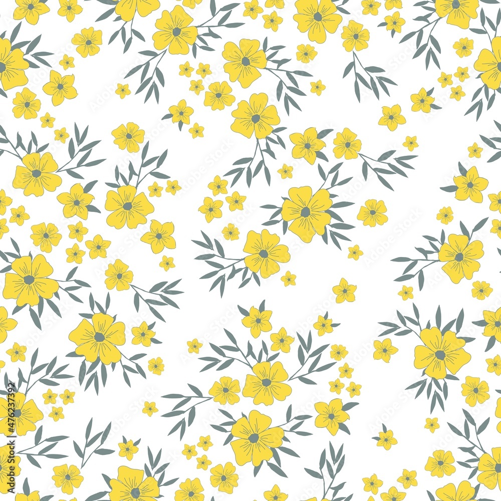 Beautiful vintage floral flower pattern. yellow flowers and gray leaves.  White background. Liberty style print. Floral seamless background. An  elegant template for fashionable prints. Stock Vector | Adobe Stock, image size:1000x1000