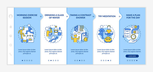 Wall Mural - Daily morning routine blue and white onboarding template. Habits of wellness. Responsive mobile website with linear concept icons. Web page walkthrough 5 step screens. Lato-Bold, Regular fonts used