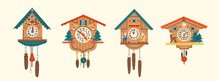 Set Of Four Cuckoo Clocks. Decorative Wooden Clock. Antique German Wall Watches. Hand Drawn Colorful Modern Vector Illustrations. Cartoon Style, Flat Design. Every Clock Is Isolated