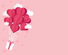 Illustration Of Gift Box Wit Heart Balloon Floating It The Sky On Pink Background. Happy Valentine Day Banner. Paper Cut Art Style.