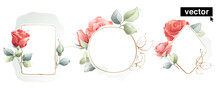 Square, Circle, And Diamond Borders With Pink Roses Flowers, Leaves, And Buds. Vector Watercolor Style Elements.