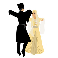 Wall Mural - Caucasian man and woman in traditional costumes perform the Lezginka folk dance. Set. Traditional Caucasian wedding dance. Vector flat illustration