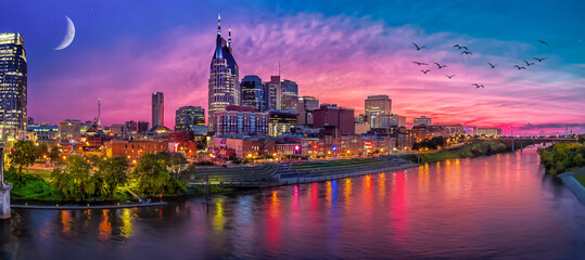 Wall Mural - nashvile tn skyline with red sunset and birds