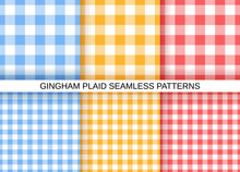 Gingham Seamless Pattern. Check Textures. Set Of Vichy Backgrounds. Blue, Red, Yellow Plaid Prints. Cloth Textile Grids. Simple Flannel Backdrops. Pastel Retro Wallpaper. Vector Illustration.