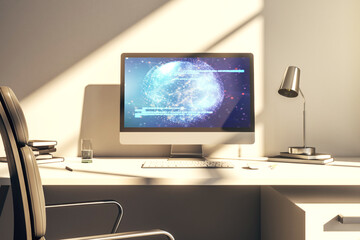 Poster - Modern computer screen with abstract creative coding sketch and world map, artificial intelligence and neural networks concept. 3D Rendering