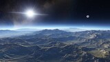 Fototapeta Kosmos - realistic surface of an alien planet, view from the surface of an exo-planet, canyons on an alien planet, stone planet, desert planet 3d render