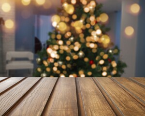 Poster - Empty table in front of christmas tree with decorations background. For product display montage