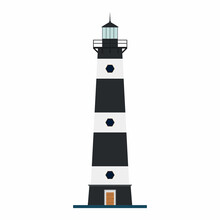 Lighthouse In Black And White Striped Colors. Searchlight Tower For Maritime Navigation Guidance. Sea Beacon For Security And Navigation. Coastline Nautical Building. Vector Illustration