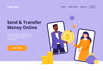 A man giving a giant coin to a woman. Concept of secure mobile payment, money transfer service, transaction, donation. Digital transactions. Flat vector illustration for a banner, landing page.