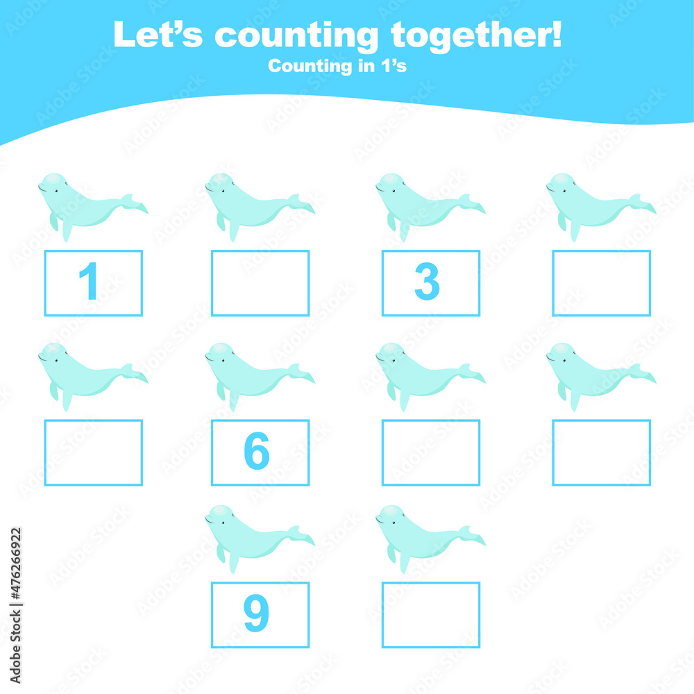 Counting the sea animals for Preschool Children. Math worksheet with sea animals’ theme. Educational printable math worksheet. Vector illustration.