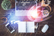 © peshkova - Double exposure of data theme drawing hologram over topview work table background with computer. Concept of technology.