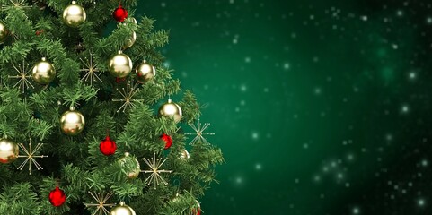 Wall Mural - Decorated with ornaments and lights Christmas tree on dark green background. Merry Christmas and Happy Holidays.