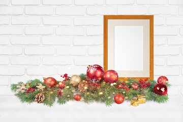 Canvas Print - A beautiful empty frame, and Christmas garland with decorations in white wall