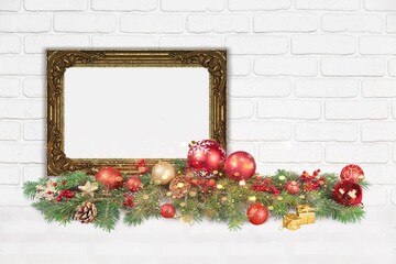 Canvas Print - A beautiful empty frame, and Christmas garland with decorations in white wall