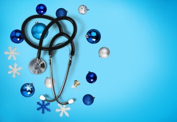 Wall Mural - Christmas, medicine greeting card. Christmas decorations, pills. Medical concept.