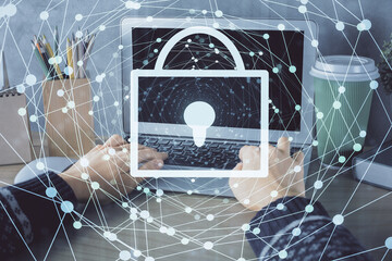 Aufkleber - Double exposure of woman hands working on computer and lock hologram drawing. Security concept.