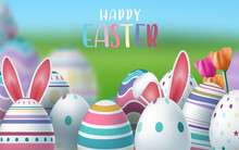 Vector Illustration Of Happy Easter Holiday With Painted Egg, Rabbit Ears And Flower