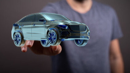 Poster - Man holding and touching holographic smart car